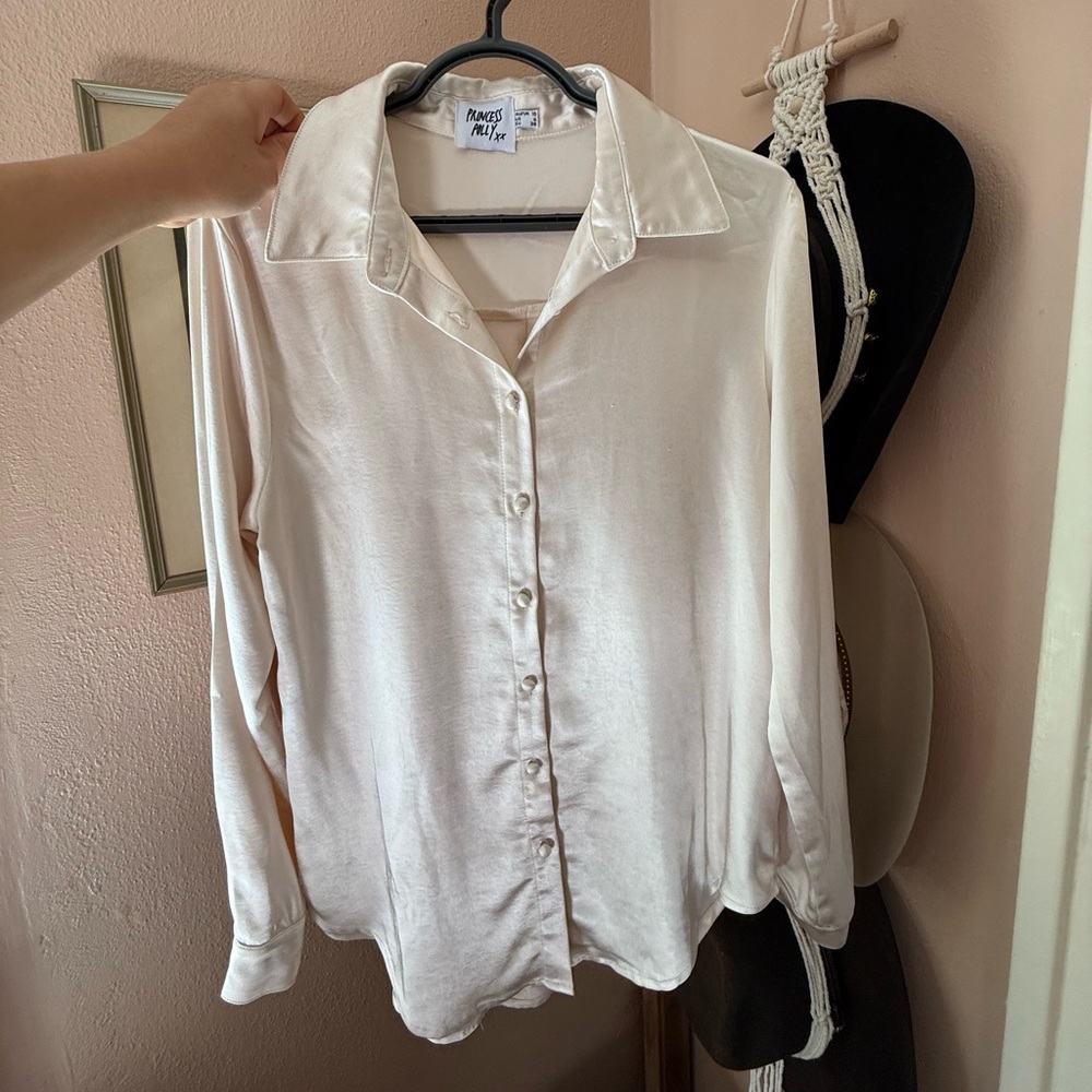 Princess Polly Cream Satin Button Down Shirt